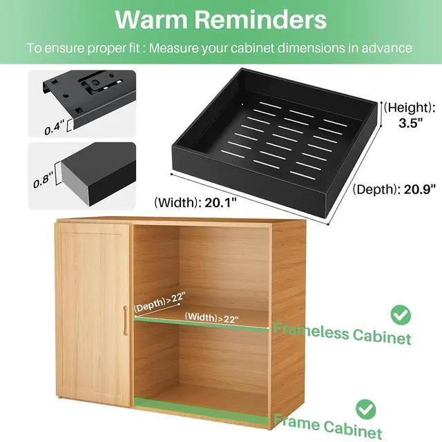 Alt view image 2 of 7 - Pull out Cabinet Organizer, 21"Deep, 20"Wide Full-Extension Heavy Duty Slide out Drawers with Nano Adhesive, Roll Out Shelves Sliding Cabinet for Kitchen, Bathroom, Pantry, Under Sink Storage(Black)