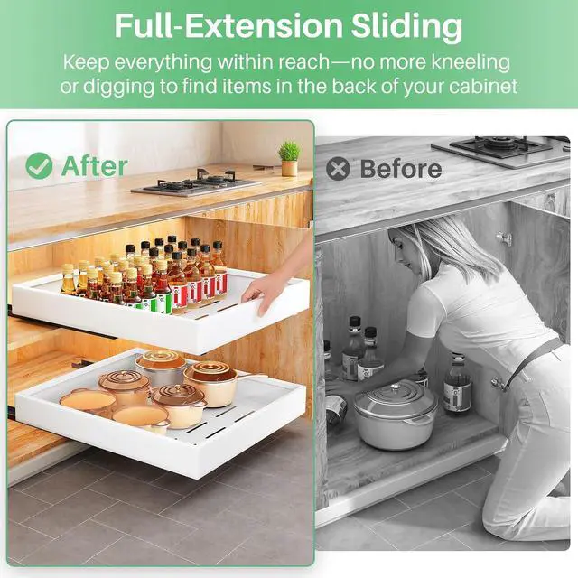 Alt view image 3 of 7 - Pull Out Cabinet Organizer with Nano Adhesive, Heavy Duty Full-Extension Slide-Out Drawer for Kitchen Cabinet Organizers and Storage, No Drill Roll out Pantry Shelf, 11.8"W x 16.9"D x 3.1"H , White