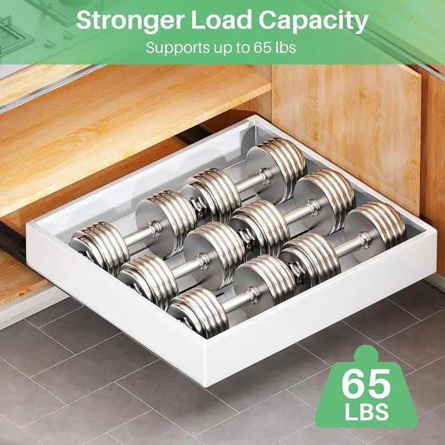 Alt view image 5 of 7 - Pull Out Cabinet Organizer with Nano Adhesive, Heavy Duty Full-Extension Slide-Out Drawer for Kitchen Cabinet Organizers and Storage, No Drill Roll out Pantry Shelf, 11.8"W x 16.9"D x 3.1"H , White