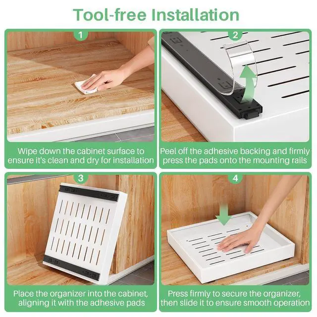 Alt view image 7 of 7 - Pull Out Cabinet Organizer with Nano Adhesive, Heavy Duty Full-Extension Slide-Out Drawer for Kitchen Cabinet Organizers and Storage, No Drill Roll out Pantry Shelf, 11.8"W x 16.9"D x 3.1"H , White