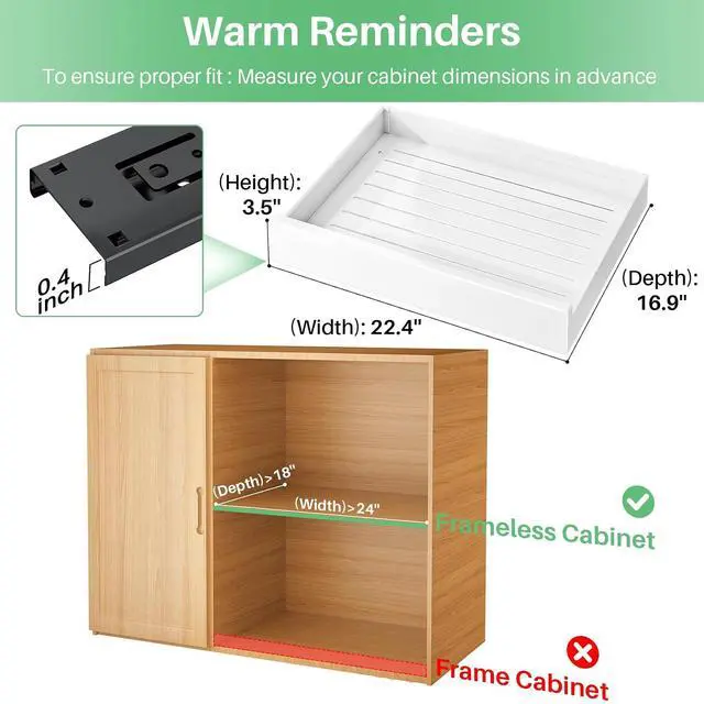 Alt view image 2 of 5 - Pull Out Cabinet Organizer with Nano Adhesive, Heavy Duty Full-Extension Slide-Out Drawer for Kitchen Cabinet Organizers and Storage, No Drill Roll out Pantry Shelf, 22.4"W x 16.9"D x 3.1"H , White