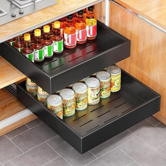 Main image of 2Pack Pull out Cabinet Organizer, 21"Deep, Heavy Duty Full-extension Slide out Drawers for Kitchen Cabinet, Roll out Shelf Storage with Nano Adhesive for Pots,17"W x 21"D x 3.1"H, Black