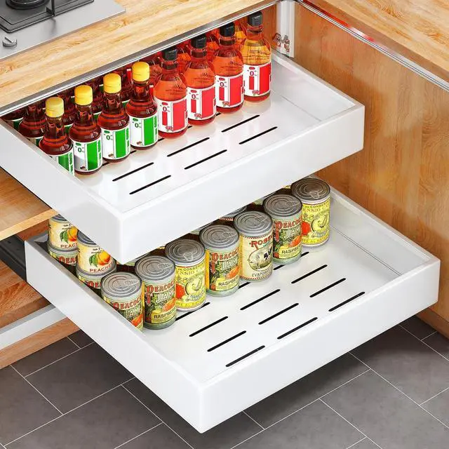 Main image of 2Pack Pull out Cabinet Organizer, 21"Deep, 20"Wide Full-extension Heavy Duty Slide out Drawers Fixed with Adhesive Nano, Roll Out Shelves Sliding Cabinet for Kitchen,Bathroom,Pantry,Under Sink(White)