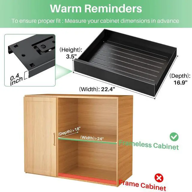 Alt view image 2 of 5 - Pull Out Cabinet Organizer with Nano Adhesive, Heavy Duty Full-Extension Slide-Out Drawer for Kitchen Cabinet Organizers and Storage, No Drill Roll out Pantry Shelf, 22.4"W x 16.9"D x 3.1"H , Black