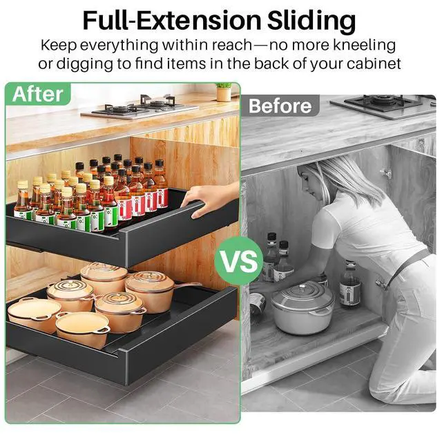 Alt view image 3 of 5 - Pull Out Cabinet Organizer with Nano Adhesive, Heavy Duty Full-Extension Slide-Out Drawer for Kitchen Cabinet Organizers and Storage, No Drill Roll out Pantry Shelf, 22.4"W x 16.9"D x 3.1"H , Black
