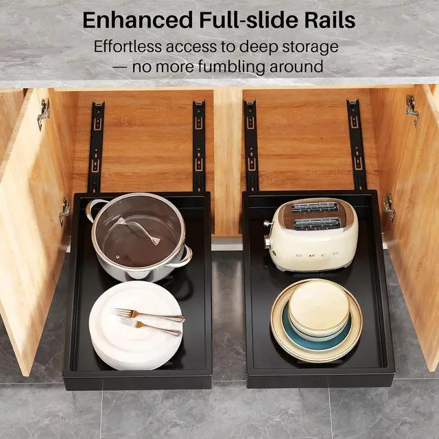 Alt view image 4 of 7 - Pull out Cabinet Organizer, 21"Deep, 20"Wide Full-Extension Heavy Duty Slide out Drawers with Nano Adhesive, Roll Out Shelves Sliding Cabinet for Kitchen, Bathroom, Pantry, Under Sink Storage(Black)