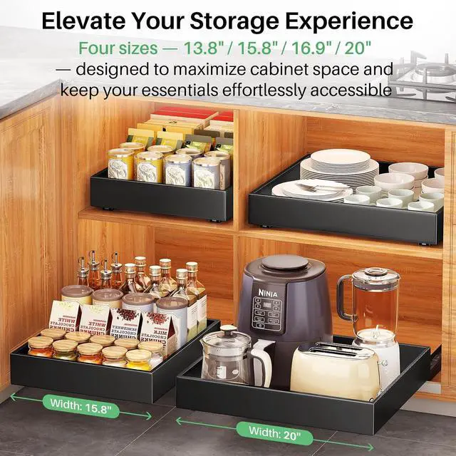 Alt view image 6 of 7 - Pull out Cabinet Organizer, 21"Deep, 20"Wide Full-Extension Heavy Duty Slide out Drawers with Nano Adhesive, Roll Out Shelves Sliding Cabinet for Kitchen, Bathroom, Pantry, Under Sink Storage(Black)