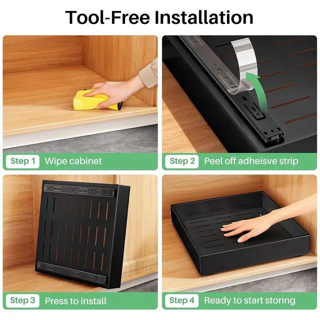 Alt view image 7 of 7 - Pull out Cabinet Organizer, 21"Deep, 20"Wide Full-Extension Heavy Duty Slide out Drawers with Nano Adhesive, Roll Out Shelves Sliding Cabinet for Kitchen, Bathroom, Pantry, Under Sink Storage(Black)