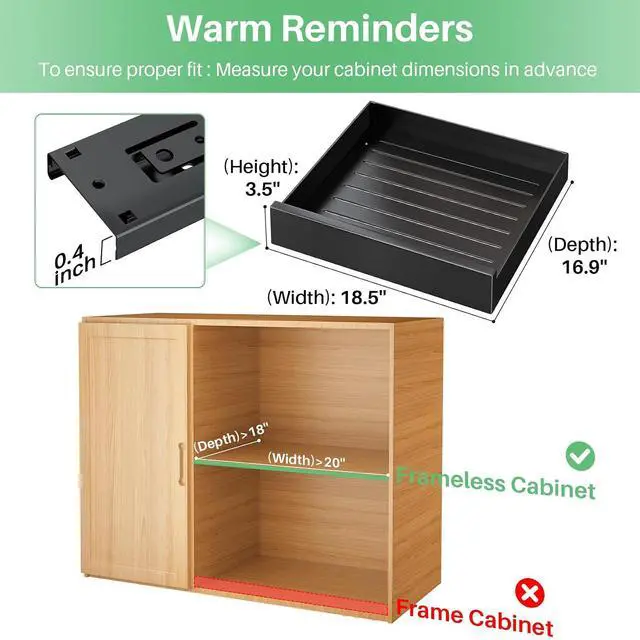 Alt view image 2 of 5 - Pull Out Cabinet Organizer with Nano Adhesive, Heavy Duty Full-Extension Slide-Out Drawer for Kitchen Cabinet Organizers and Storage, No Drill Roll out Pantry Shelf, 18.5"W x 16.9"D x 3.1"H , Black