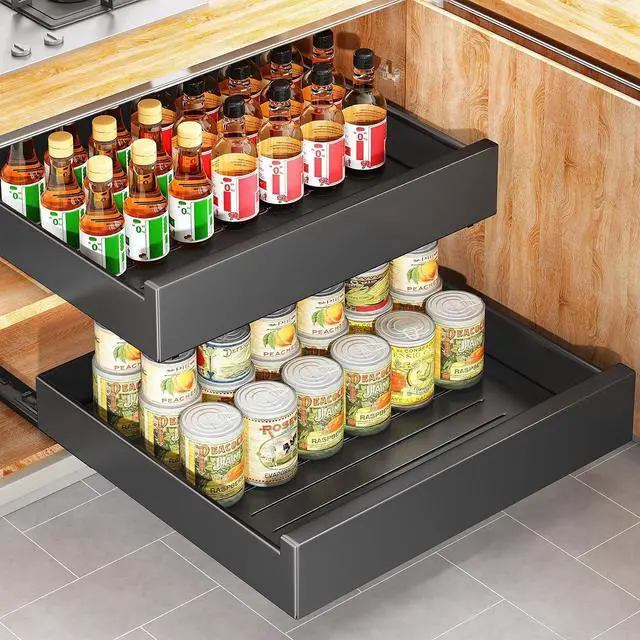 Main image of Pull Out Cabinet Organizer with Nano Adhesive, Heavy Duty Full-Extension Slide-Out Drawer for Kitchen Cabinet Organizers and Storage, No Drill Roll out Pantry Shelf, 18.5"W x 16.9"D x 3.1"H , Black