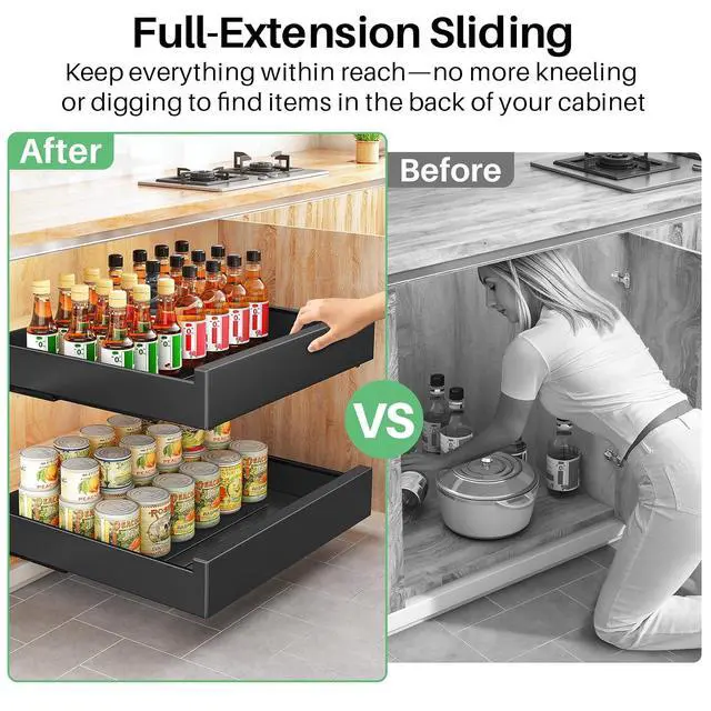Alt view image 3 of 5 - Pull Out Cabinet Organizer with Nano Adhesive, Heavy Duty Full-Extension Slide-Out Drawer for Kitchen Cabinet Organizers and Storage, No Drill Roll out Pantry Shelf, 18.5"W x 16.9"D x 3.1"H , Black