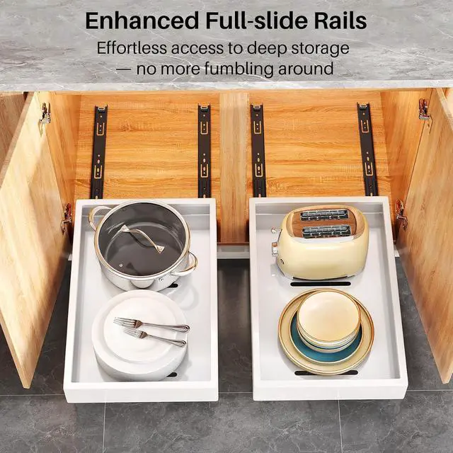 Alt view image 4 of 7 - 2Pack Pull out Cabinet Organizer, 21"Deep, Heavy Duty Full-extension Slide out Drawers for Kitchen Cabinet, Roll out Shelf Storage with Nano Adhesive for Pots,17"W x 21"D x 3.1"H, White