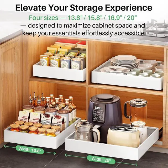 Alt view image 6 of 7 - 2Pack Pull out Cabinet Organizer, 21"Deep, Heavy Duty Full-extension Slide out Drawers for Kitchen Cabinet, Roll out Shelf Storage with Nano Adhesive for Pots,17"W x 21"D x 3.1"H, White