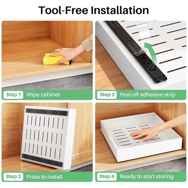 Alt view image 7 of 7 - 2Pack Pull out Cabinet Organizer, 21"Deep, Heavy Duty Full-extension Slide out Drawers for Kitchen Cabinet, Roll out Shelf Storage with Nano Adhesive for Pots,17"W x 21"D x 3.1"H, White
