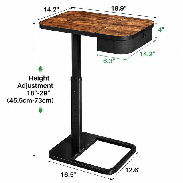 Alt view image 2 of 7 - Kitstorack Large TV Tray Table with Flip-Top Storage, Adjustable Height | 18.9" x 14.2" desktop, metal frame, Oxford fabric basket, 9 height settings, C-shaped base, sofa, bed, living room