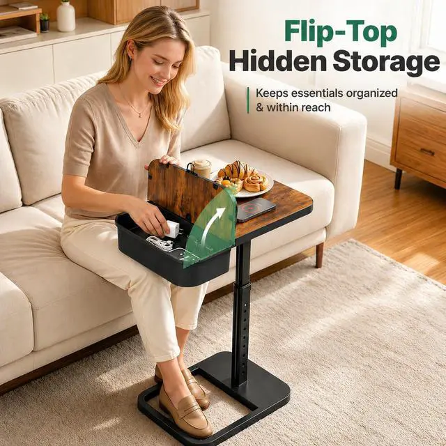 Alt view image 3 of 7 - Kitstorack Large TV Tray Table with Flip-Top Storage, Adjustable Height | 18.9" x 14.2" desktop, metal frame, Oxford fabric basket, 9 height settings, C-shaped base, sofa, bed, living room