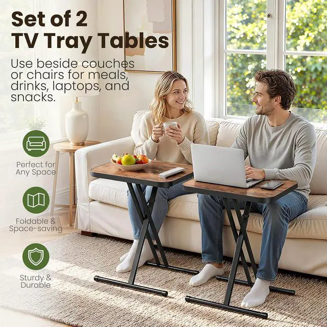 Alt view image 3 of 7 - Kitstorack Folding TV Tray Tables Set of 2, No Assembly, Rounded Metal Rims | Rustic Brown, folds flat, couch side table for eating, TV dinners, laptop work, snacks, drinks, living room, small spaces
