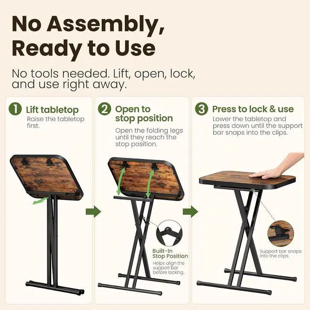 Alt view image 4 of 7 - Kitstorack Folding TV Tray Tables Set of 2, No Assembly, Rounded Metal Rims | Rustic Brown, folds flat, couch side table for eating, TV dinners, laptop work, snacks, drinks, living room, small spaces
