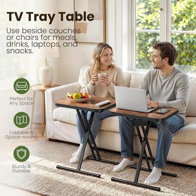 Alt view image 3 of 7 - Kitstorack Folding TV Tray Table, 1 Pack, No Assembly, Rounded Metal Rim | Rustic Brown, folds flat, couch side table for eating, TV dinners, laptop work, snacks, drinks, living room, small spaces