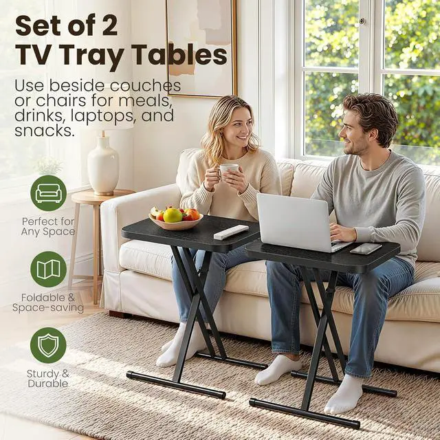Alt view image 3 of 7 - Kitstorack Folding TV Tray Tables Set of 2, No Assembly, Rounded Metal Rims | Black, folds flat, couch side table for eating, TV dinners, laptop work, snacks, drinks, living room, small spaces