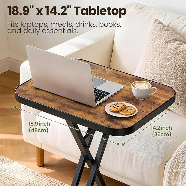 Alt view image 7 of 7 - Kitstorack Folding TV Tray Tables Set of 2, No Assembly, Rounded Metal Rims | Rustic Brown, folds flat, couch side table for eating, TV dinners, laptop work, snacks, drinks, living room, small spaces