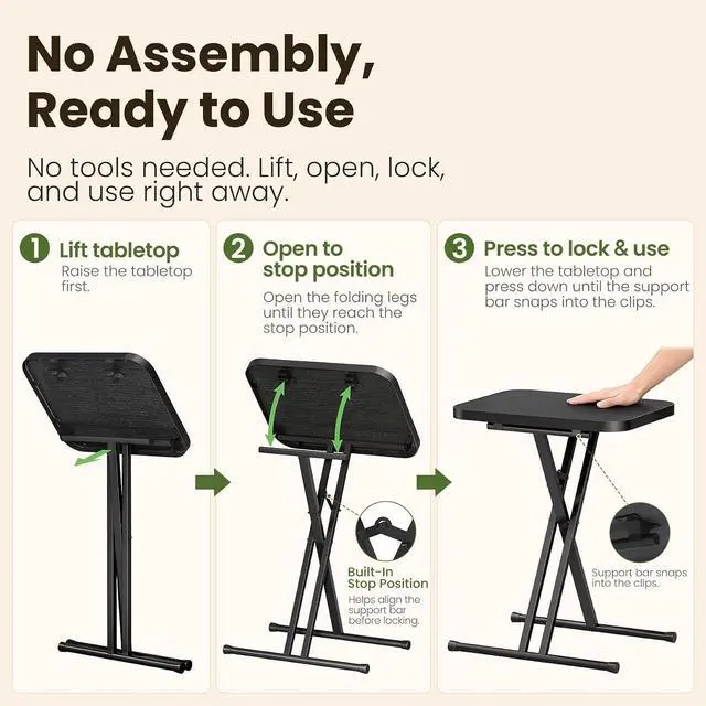 Alt view image 4 of 7 - Kitstorack Folding TV Tray Tables Set of 2, No Assembly, Rounded Metal Rims | Black, folds flat, couch side table for eating, TV dinners, laptop work, snacks, drinks, living room, small spaces