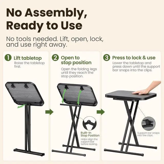 Alt view image 4 of 7 - Kitstorack Folding TV Tray Tables Set of 2, No Assembly, Rounded Metal Rims | Dark Gray, folds flat, couch side table for eating, TV dinners, laptop work, snacks, drinks, living room, small spaces