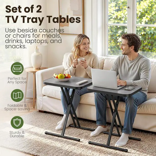 Alt view image 3 of 7 - Kitstorack Folding TV Tray Tables Set of 2, No Assembly, Rounded Metal Rims | Dark Gray, folds flat, couch side table for eating, TV dinners, laptop work, snacks, drinks, living room, small spaces