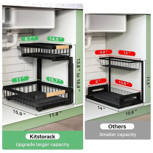 Alt view image 2 of 7 - Kitstorack 2 Pack Under Sink Organizer+ 1Pack Under Sink Organizer