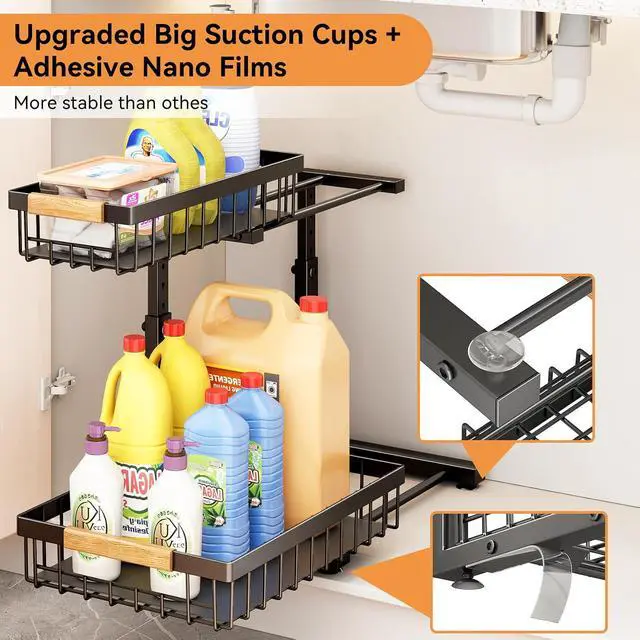 Alt view image 6 of 7 - 1PC Pull out Cabinet Organizer Fixed with Adhesive Nano Film+2Pack Under Sink Organizer Bundle