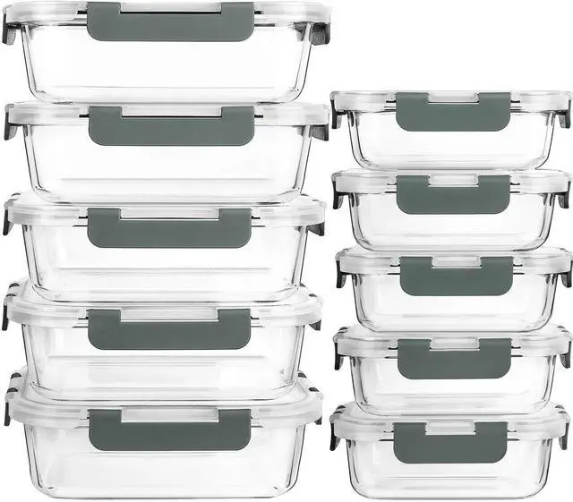 Main image of M MCIRCO 10 Pack Glass Food Storage Containers with Lids, Gray | Glass Meal Prep Containers,Airtight Lunch Containers with Lids, Microwave, Oven, Freezer and Dishwasher Friendly, BPA Free