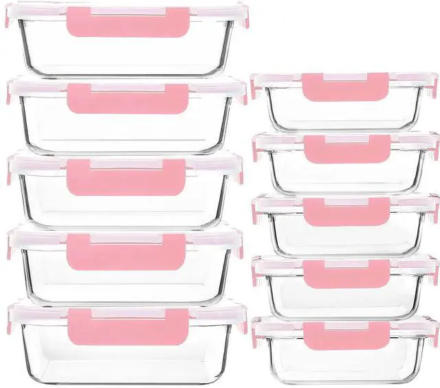 Main image of M MCIRCO 10 Pack Glass Food Storage Containers with Lids, Pink | Glass Meal Prep Containers,Airtight Lunch Containers with Lids, Microwave, Oven, Freezer and Dishwasher Friendly, BPA Free