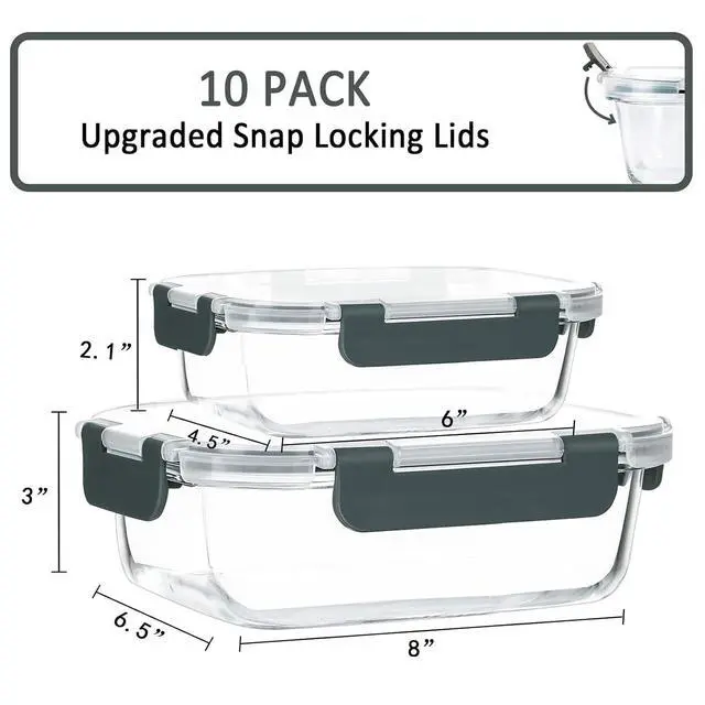 Alt view image 2 of 6 - M MCIRCO 10 Pack Glass Food Storage Containers with Lids, Gray | Glass Meal Prep Containers,Airtight Lunch Containers with Lids, Microwave, Oven, Freezer and Dishwasher Friendly, BPA Free