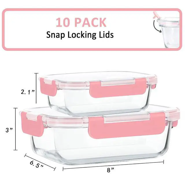 Alt view image 2 of 6 - M MCIRCO 10 Pack Glass Food Storage Containers with Lids, Pink | Glass Meal Prep Containers,Airtight Lunch Containers with Lids, Microwave, Oven, Freezer and Dishwasher Friendly, BPA Free