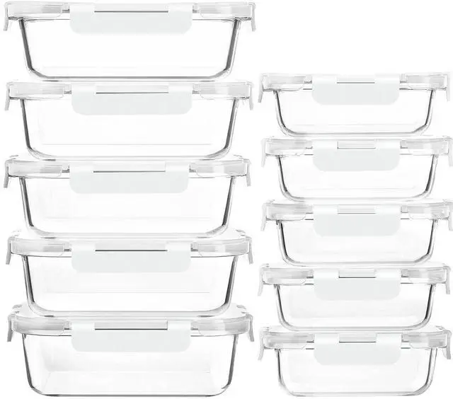Main image of M MCIRCO 10 Pack Glass Food Storage Containers with Lids, White | Glass Meal Prep Containers,Airtight Lunch Containers with Lids, Microwave, Oven, Freezer and Dishwasher Friendly, BPA Free