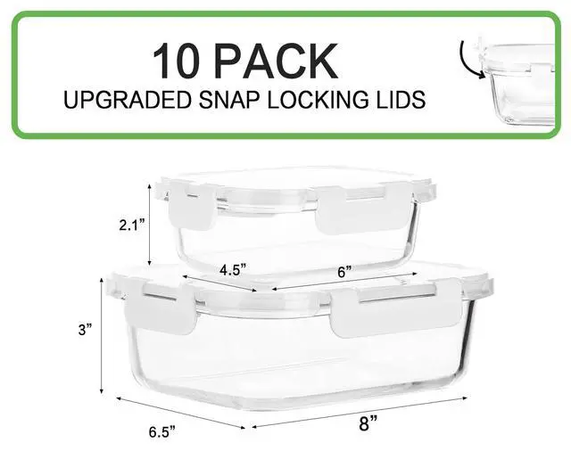 Alt view image 2 of 6 - M MCIRCO 10 Pack Glass Food Storage Containers with Lids, White | Glass Meal Prep Containers,Airtight Lunch Containers with Lids, Microwave, Oven, Freezer and Dishwasher Friendly, BPA Free