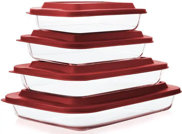 Main image of M MCIRCO 8 Piece Deep Glass Baking Dish with Lids, BPA free, Red | Rectangular Glass Bakeware Set, Baking Pans for Lasagna, Casserole Dishes, Microwave, Oven, Freezer, Dishwasher
