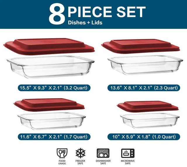 Alt view image 2 of 7 - M MCIRCO 8 Piece Deep Glass Baking Dish with Lids, BPA free, Red | Rectangular Glass Bakeware Set, Baking Pans for Lasagna, Casserole Dishes, Microwave, Oven, Freezer, Dishwasher