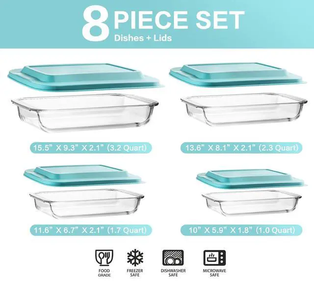 Alt view image 2 of 7 - M MCIRCO 8 Piece Deep Glass Baking Dish with Lids, BPA free, Green | Rectangular Glass Bakeware Set, Baking Pans for Lasagna, Casserole Dishes, Microwave, Oven, Freezer, Dishwasher
