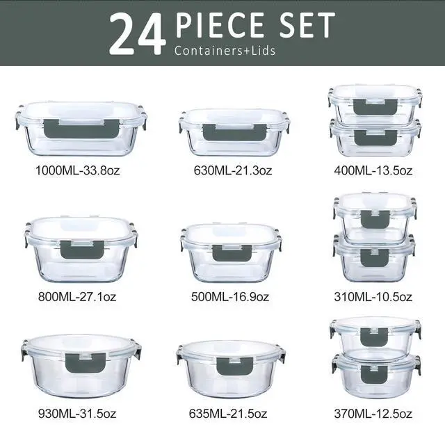 Alt view image 2 of 7 - M MCIRCO 24 Piece Glass Food Storage Containers with Lids,Gray | Glass Meal Prep Containers,Airtight Lunch Containers with Lids, Microwave, Oven, Freezer and Dishwasher Friendly, BPA Free