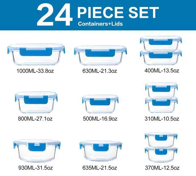 Alt view image 2 of 7 - M MCIRCO 24 Piece Glass Food Storage Containers with Lids, Blue | Glass Meal Prep Containers,Airtight Lunch Containers with Lids, Microwave, Oven, Freezer and Dishwasher Friendly, BPA Free