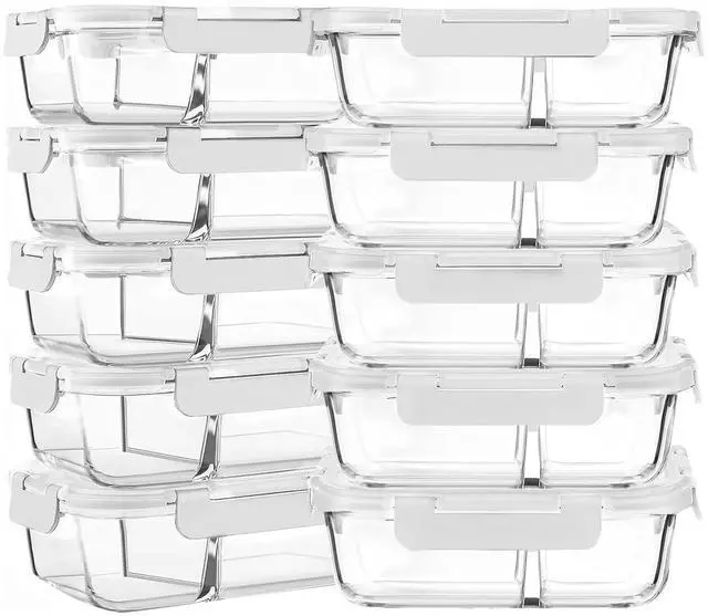 Main image of M MCIRCO 10 Pack,30 oz, 2 Compartments Glass Meal Prep Containers with Lids | Divided Glass Food Storage Containers, Portion Control Lunch Containers, Microwave, Oven, Freezer, Dishwasher, White