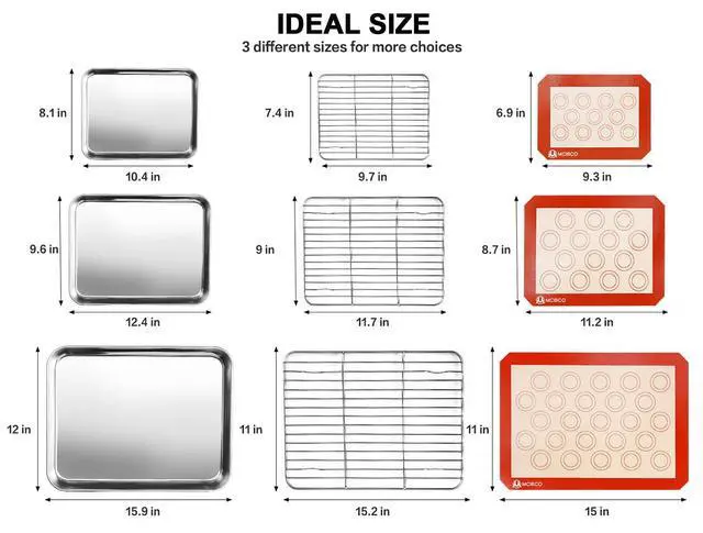 Alt view image 2 of 7 - Stainless Steel Baking Sheet Tray Cooling Rack with Silicone Baking Mat Set, Cookie Pan with Cooling Rack, Set of 9 (3 Sheets + 3 Racks + 3 Mats), 10/12/16 Inch, Easy Clean (Pack of 2)