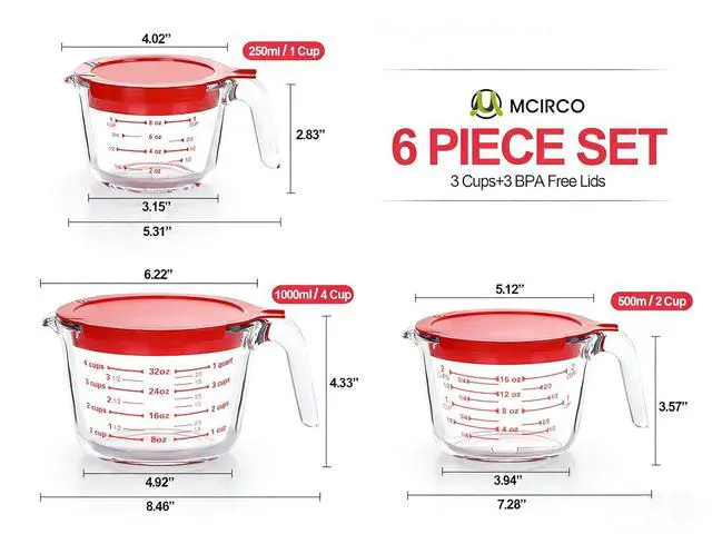 Alt view image 2 of 7 - M MCIRCO 6 Pcs Glass Measuring Cups with Lids Set, 1-Cup, 2-Cup, 4-Cup Measuring Jugs with Handle, Nesting Liquid Measuring Cups for Kitchen (Pack of 2)