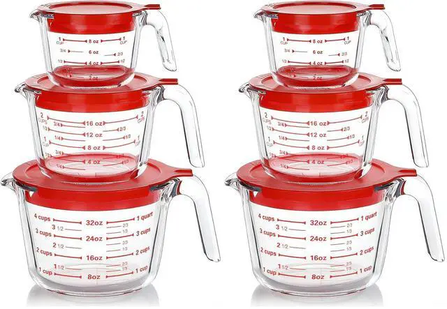 Main image of M MCIRCO 6 Pcs Glass Measuring Cups with Lids Set, 1-Cup, 2-Cup, 4-Cup Measuring Jugs with Handle, Nesting Liquid Measuring Cups for Kitchen (Pack of 2)
