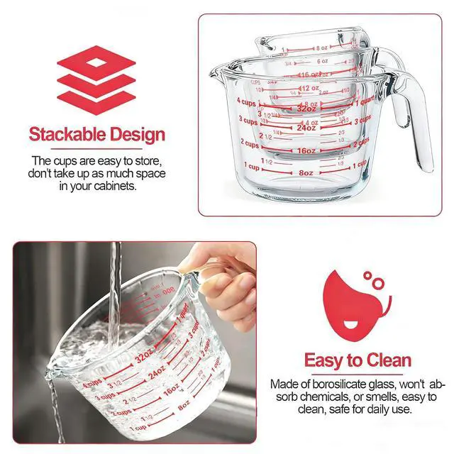 Alt view image 4 of 7 - M MCIRCO 6 Pcs Glass Measuring Cups with Lids Set, 1-Cup, 2-Cup, 4-Cup Measuring Jugs with Handle, Nesting Liquid Measuring Cups for Kitchen (Pack of 2)