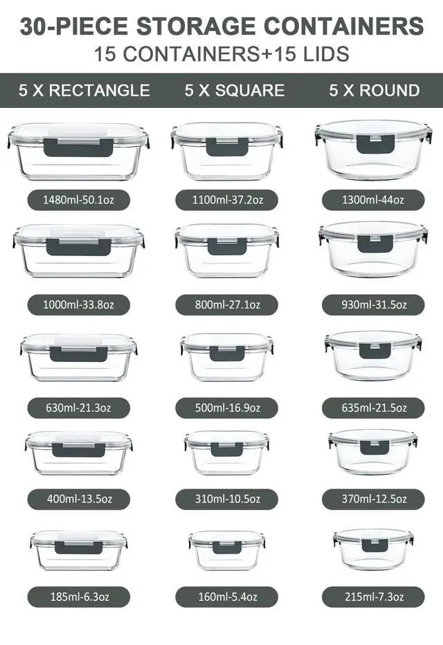Alt view image 3 of 7 - M MCIRCO 30 Piece Extra Large Glass Food Storage Containers with Lids,Gray | Glass Meal Prep Containers,Airtight Lunch Containers with Lids, Microwave, Oven, Freezer and Dishwasher Friendly, BPA Free