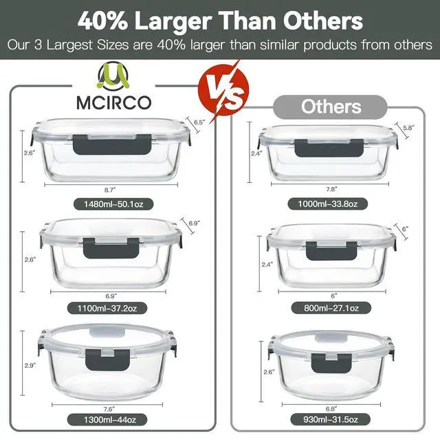 Alt view image 2 of 7 - M MCIRCO 30 Piece Extra Large Glass Food Storage Containers with Lids,Gray | Glass Meal Prep Containers,Airtight Lunch Containers with Lids, Microwave, Oven, Freezer and Dishwasher Friendly, BPA Free