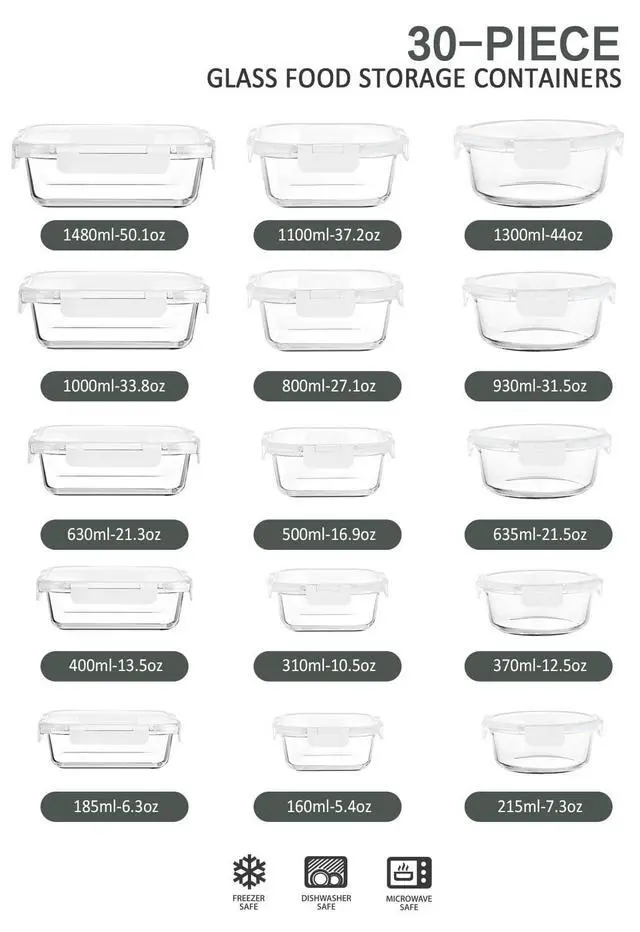 Alt view image 2 of 7 - M MCIRCO 30 Piece Extra Large Glass Food Storage Containers with Lids | Glass Meal Prep Containers,Airtight Lunch Containers with Lids, Microwave, Oven, Freezer and Dishwasher, BPA Free, White