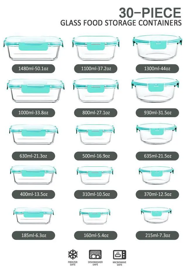 Alt view image 2 of 7 - M MCIRCO 30 Piece Extra Large Glass Food Storage Containers with Lids,Green | Glass Meal Prep Containers,Airtight Lunch Containers with Lids, Microwave, Oven, Freezer and Dishwasher Friendly, BPA Free